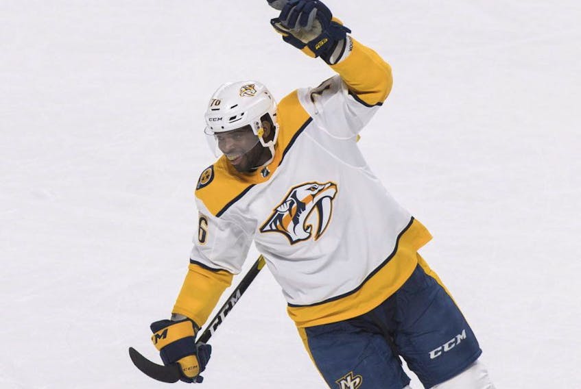 Nashville Predators’ P.K. Subban reacts after his team’s win over the Canadiens in Montreal on Jan. 5, 2019.