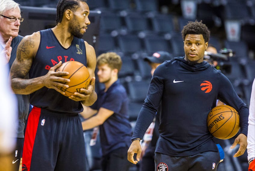 Toronto Raptors Kawhi Leonard and Kyle Lowry (right) at practice during the NBA Finals Media Day at the Scotiabank Arena in Toronto, Ont. on Wednesday May 29, 2019. Ernest Doroszuk/Toronto Sun/Postmedia