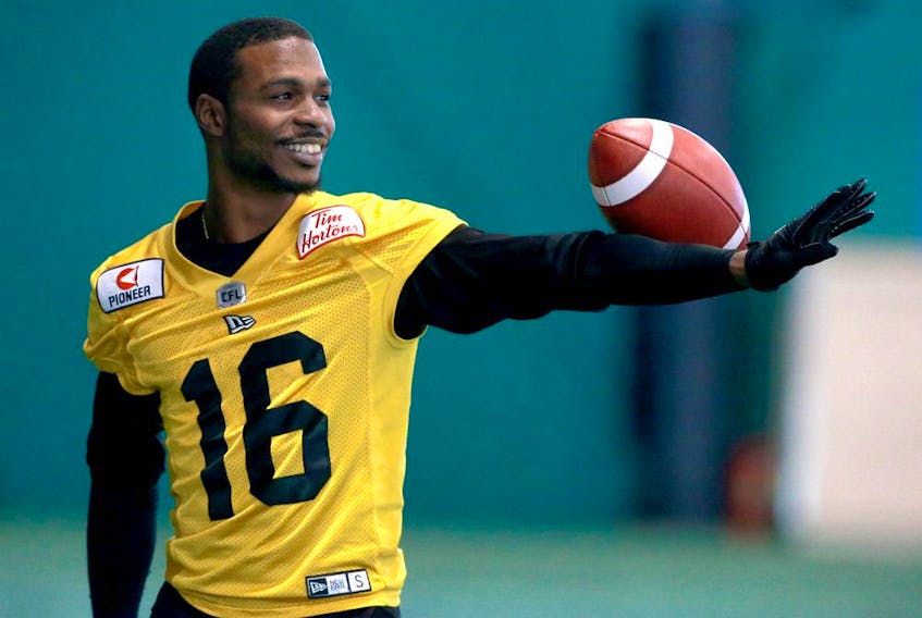 Hamilton Ti Cats Brandon Banks juggles the football at the Macron Performance Centre in Calgary in preparation for Grey Cup 2019 Wednesday, November 20, 2019. Jim Wells/Postmedia