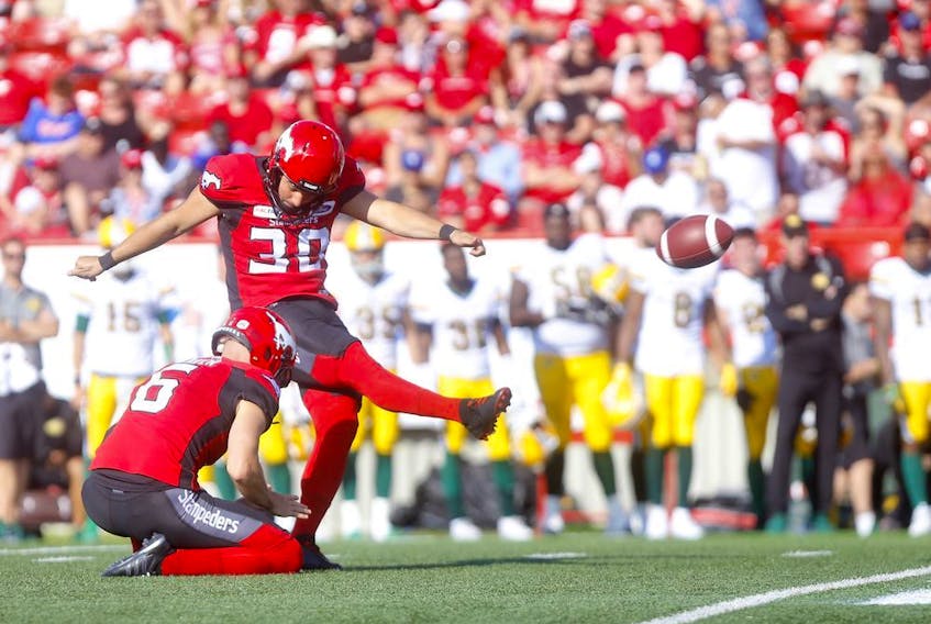 The Calgary Stampeders' Rene Paredes kicks his third field-goal of the day against the Edmonton Eskimos in first-half CFL action at McMahon Stadium in Calgary on Saturday, August 3, 2019. Darren Makowichuk/Postmedia