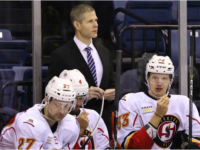 Cail Maclean on the bench with the Stockton Heat. - Jack A. Lima
