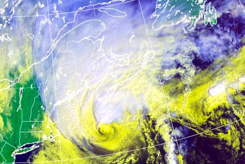An infra-red satellite image courtesy of Environment and Climate Change Canada shows hurricane Dorian churn less than 500 kilometres south of the Nova Scotia coastline. The category 1 storm is expected to make landfall somewhere in the Halifax Regional Municipality at around 6 p.m. Saturday, Sept. 7, 2019.