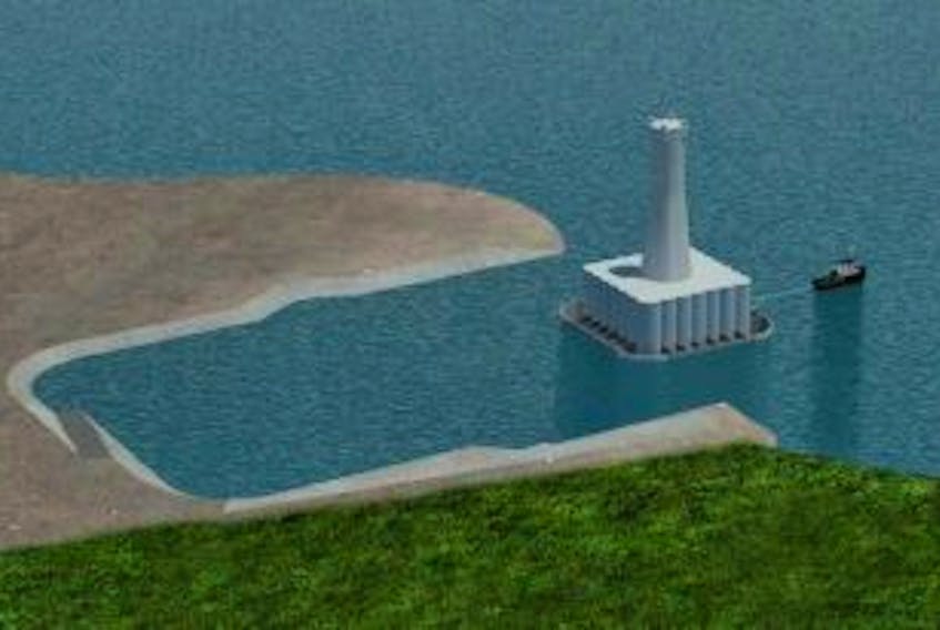 ['A digital rendition of a wellhead platform being floated and tugged from a graving dock that would be built at the site of the former Argentia naval base, should Husky Energy decide to move ahead with the project, to pump oil from West White Rose. The image was submitted as part of documentation filed for environmental assessment of the project. — Image courtesy of Husky Energy']