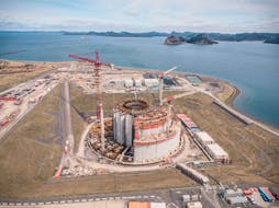 The exterior walls being slipformed on the West White Rose CGS in May 2019. Husky Energy has suspended all major construction work on the project due to COVID-19 transmission concerns. Photo courtesy Husky Energy.