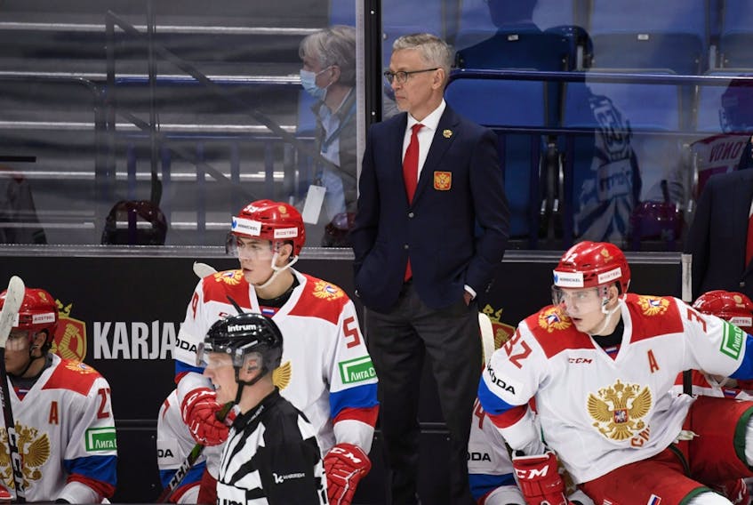 Former NHL player Igor Larionov mans the bench as head coach of the Russian under-20 team, seen here against the Czech Republic during the Karjala Cup in Helsinki, Finland on Nov. 8, 2020.