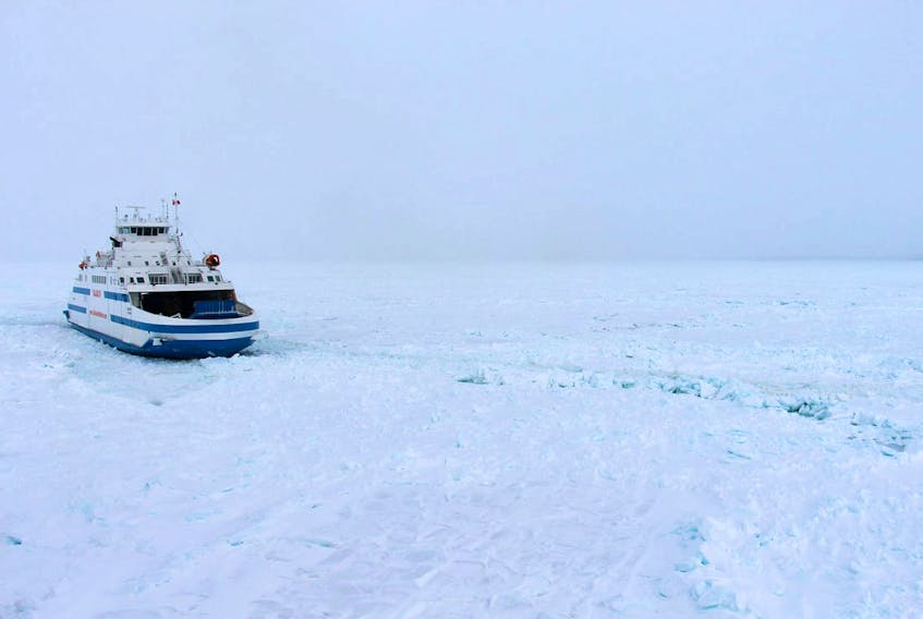 The Qajaq W attempted to cross Feb. 10 with the assistance of an icebreaker but had to turn back. CONTRIBUTED BY LABRADOR MARINE INC.