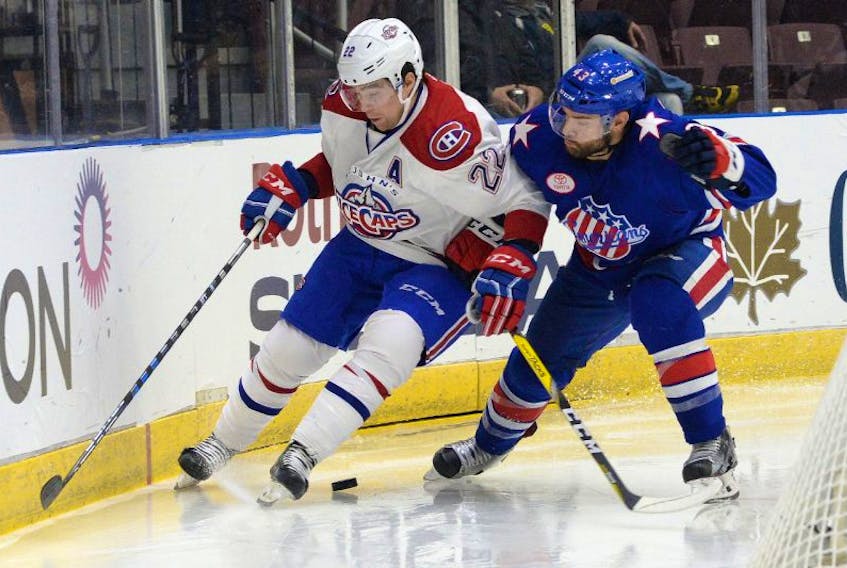Forward Chris Terry (22) shown in action against the Rochester Americans in an AHL game earlier this season, leads the St. John’s IceCaps in scoring, with 31 points in just 24 games. The IceCaps finish off a two-game homestand with games against the Toronto Marlies tonight and Saturday afternoon at Mile One Centre.
