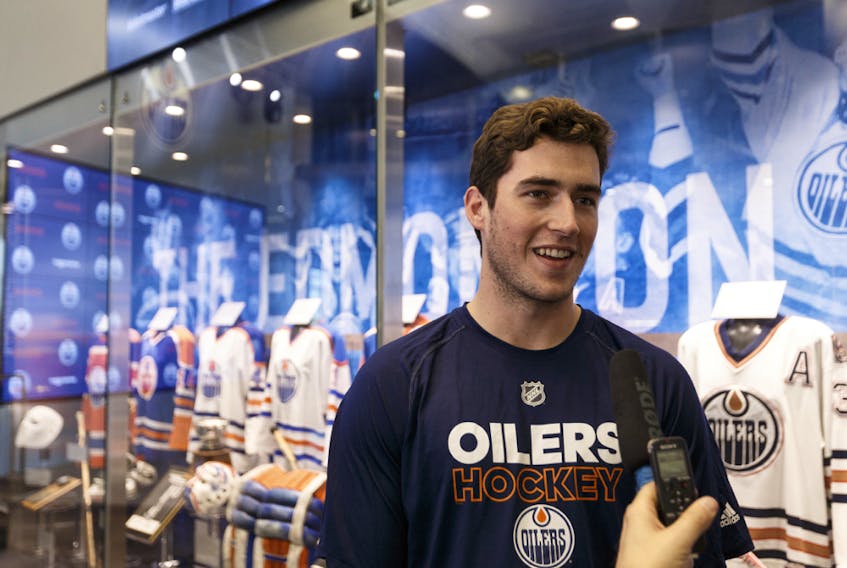 Defenceman Ryan Mantha is interviewed during the 2017 Edmonton Oilers Rookie Camp medical and fitness testing day at Rogers Place in Edmonton on Sept. 7, 2017.