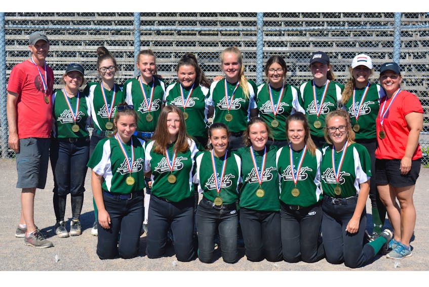 The Summerside Heat won the Softball P.E.I. under-16 girls’ provincial championship during the weekend in Charlottetown. Team members, front row, from left, are Kylee Campbell, Samantha Gallant, Karley McCourt, Lydia Enman, Brianna Shortt and Emily Wylie. Second row, coach Francois Caron, Maddie McGregor, Kallie Beaton, Natalie Caron, Trenna Mitchell, Leah Johnston, Hannah Silliker, Andrea Caron, Emma MacLeod and coach Cindy MacLeod.