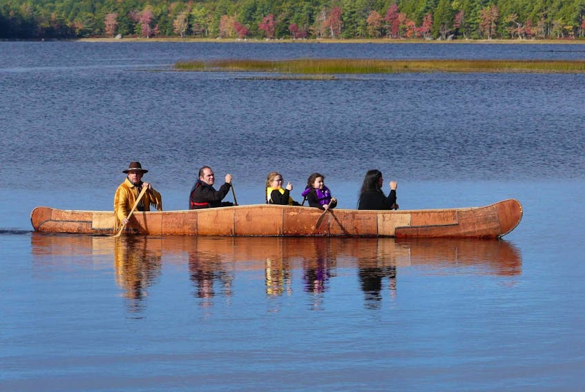Melissa Labrador's family in 21-foot ocean birch bark canoe. - Mike Sanders (photo submitted October 2020)