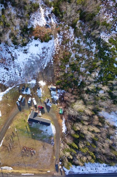 A drone photo taken by the RCMP of the Upper Big Tracadie home shared by Lionel and Shanna Desmond as part of their investigation.