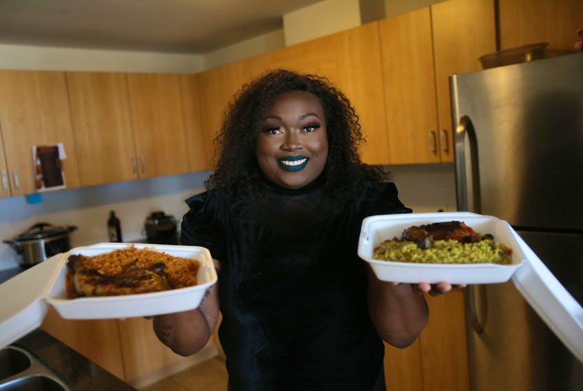 Frances Dadin-Alli is cooking free meals for African international students in Halifax. She is seen with some samplings of peppered barbecued chicken and rice in her Halifax home Wednesday, May 6, 2020.