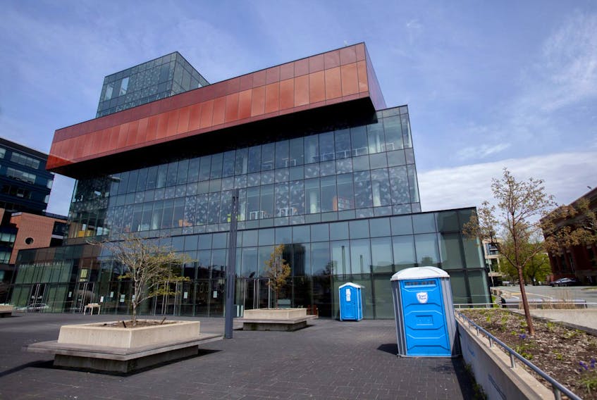 Two portable toilets, one accessible, were put in place behind the Central Library in downtown Halifax. A hand-washing station was installed, too.