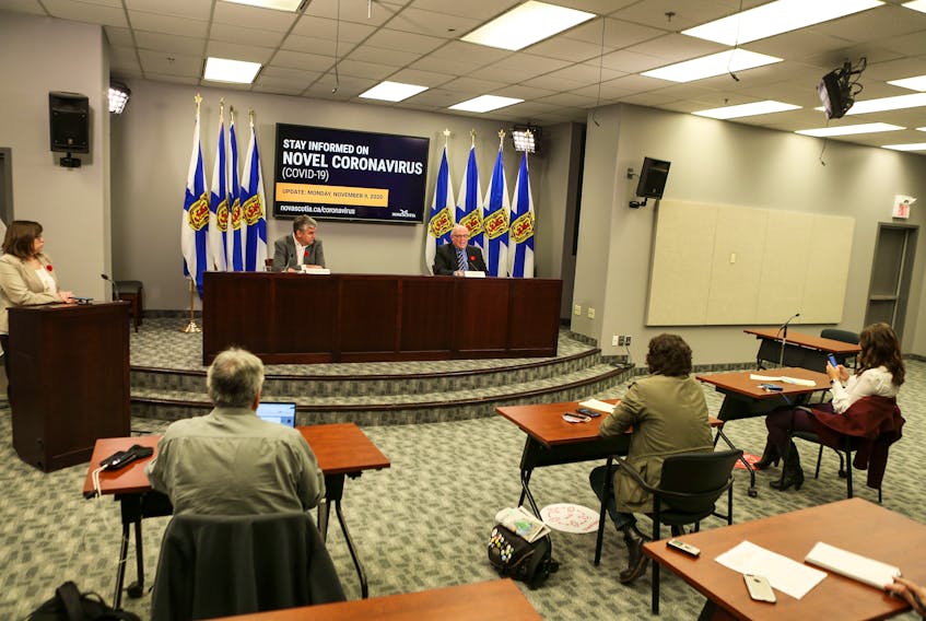 Premier Stephen McNeil and Dr. Robert Strang, Nova Scotia's chief medical officer of health, provide a COVID-19 update Monday, Nov. 9, 2020.