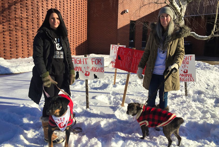 Lou Anne Theriault, left, and Stephanie Gustys were two of half a dozen people rallying for animal rights outside the Kentville courthouse Tuesday morning, Jan. 21, 2020 during the court appearance of a woman charged with animal cruelty.