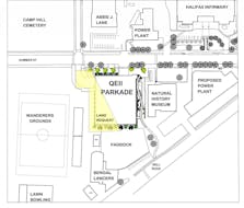 A rendering shows the plans for the hospital parkade encroaching onto the paddock of the Bengal Lancers riding school. A power plant will be built on the other side of the Natural History Museum. - Nova Scotia Department of Infrastructure.