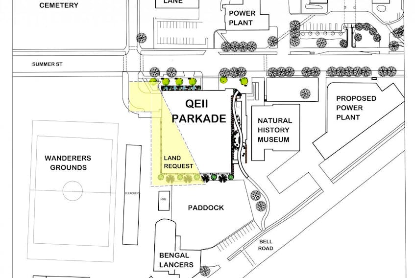 A rendering shows the plans for the hospital parkade encroaching onto the paddock of the Bengal Lancers riding school. A power plant will be built on the other side of the Natural History Museum. - Nova Scotia Department of Infrastructure.