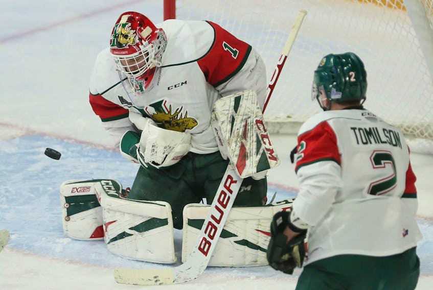 Halifax Mooseheads goalie Alexis Gravel makes a stop on a Gatineau Olympiques shot during QMJHL action in Halifax on Thursday, Jan. 23, 2020.