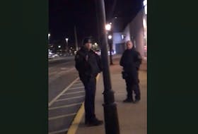 A screengrab from a smartphone video taken by a black teenager, who started recording after two Halifax police officers threatened him with arrest outside the Bedford Place Mall in Bedford on Friday night, Feb. 21, 2020.