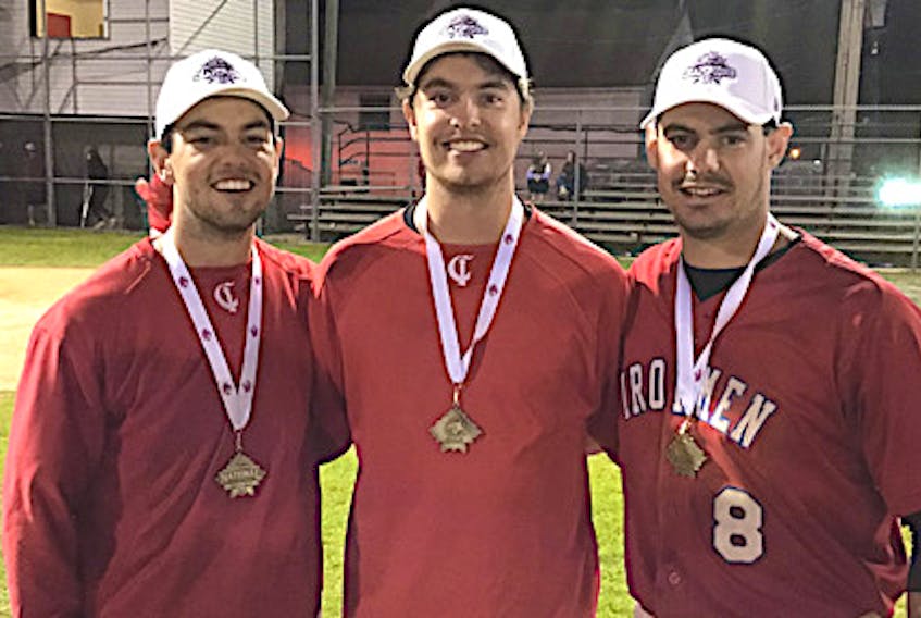A trio of Islanders won the Canadian senior men’s baseball championship with the Chatham Ironmen Sunday in Miramichi, N.B. From left are New Glasgow brothers Jordan and J.P. Stevenson and St. Peters Bay resident Dillon Doucette. Walter MacEwen/Special to The Guardian