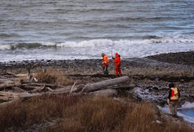 Searchers comb the Bay of Fundy shoreline Wednesday, Dec. 16, 2020, looking for signs of the scallop boat Chief William Saulis or its crew. The vessel went missing early the previous morning and the body of one crewman was recovered last night.