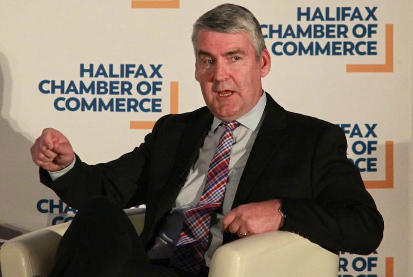 Nova Scotia Premier Stephen McNeil  gestures while in conversation with Patrick Sullivan, president and CEO of the Halifax Chamber of Commerce, at the Cunard Centre during the chamber's annual state of the province address in Halifax on Wednesday, Feb. 11, 2020.