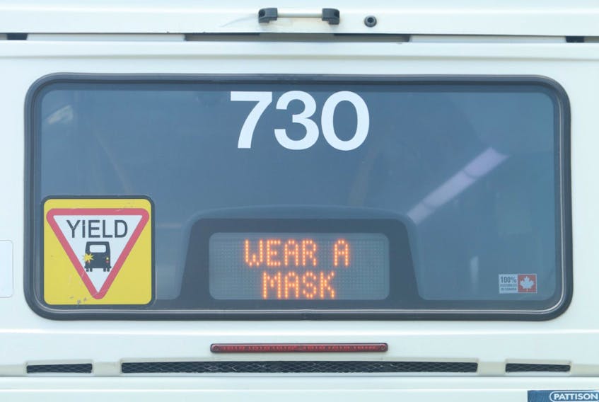 A Halifax Transit bus carries a timely message Friday, July 24. Non-medical masks became mandatory on public transit Friday and will be required in most public spaces beginning July 31.