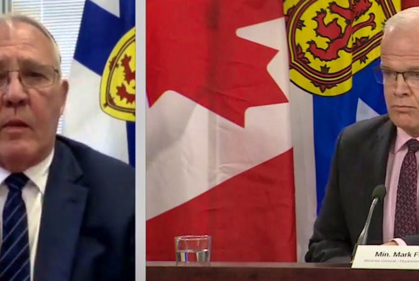 Federal Public Safety Minister Bill Blair and Nova Scotia Justice Minister Mark Furey via teleconference announce an independent review into the circumstances surrounding the Nova Scotia mass shooting and police response Thursday, July 23, 2020.