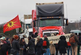 Several dozen demonstrators blocked trucks from entering the Fairview Cove container terminal on Tuesday, Feb. 11, 2020 in solidarity with the Wet’suwe’ten land defenders, who are being forced off their land by the RCMP to make way for the Coastal Gaslink pipeline project.