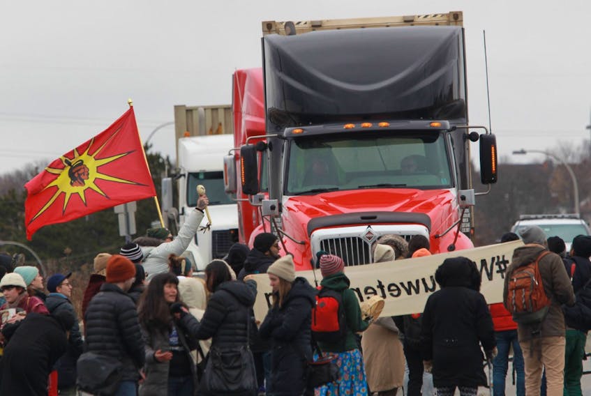 Several dozen demonstrators blocked trucks from entering the Fairview Cove container terminal on Tuesday, Feb. 11, 2020 in solidarity with the Wet’suwe’ten land defenders, who are being forced off their land by the RCMP to make way for the Coastal Gaslink pipeline project.