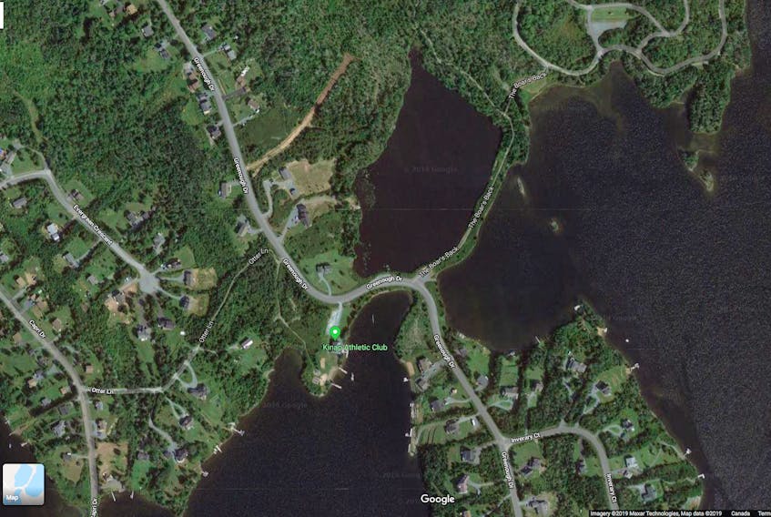 A screenshot of a google map shows the Boar's Back strip of land (middle of frame) leading off Greenough Drive in West Porters Lake.