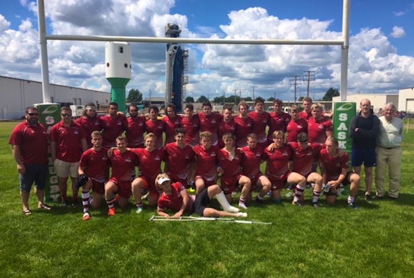 Members of the Newfoundland Rock under-19s, who earned a silver medal at the 2018 Canadian Rugby championships include (from left), front row: Alex Wiscombe, Tyler Maclellan, Saul Bryant, Evan MacKenzie, Joshua Blanks, Seth Bryant, Braden Hawes, Agnes Porter, Campbell Clarke and Connor McKinney; back row: Peter Densmore (coach), Brendan Parfrey (coach), Nathan Lake, Seif Sanad, Jon Rose, Huw Goovaerts, Geoff Skinner, Michael McCarthy, Bailey McDonald, Thomas Hagan, Matt Terry, Piers Von Dadelszen, Ben Newhook (captain), Steve Mallard, Jack McCarthy, Cameron Farnell, Kevin Parfrey (coach) and Pat Parfrey (director of rugby). In front is Cameron Pope.