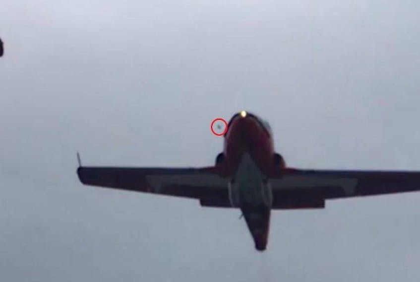 A photo released Monday, June 1, 2020 by the Royal Canadian Air Force as part of the investigation into a fatal crash of a Snowbirds jet May 17 shows a bird flying close to the right engine intake.