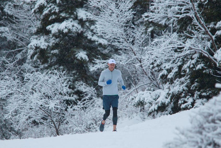 A runner makes the most of a snowy morning in Point Pleasant Park in Halifax on Wednesday, Feb. 12, 2020.