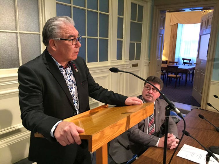Sidney Peters, chief of Glooscap First Nation and chairman of the Tawaak Housing Association, speaks at a news conference with Nova Scotia Housing Minister Chuck Porter on Monday, March 2, 2020 when $3.7 million was announced to address serious issues with Tawaak housing units.