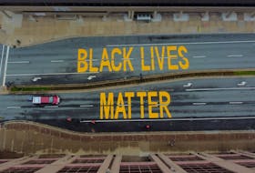 The Black Lives Matter street art that was painted by Halifax Regional Municipality on Alderney Drive, between Queen and Ochterloney streets in Dartmouth, as seen from a drone's-eye view Sunday, Sept. 27, 2020. A similar work appears on Brunswick Street in downtown Halifax.