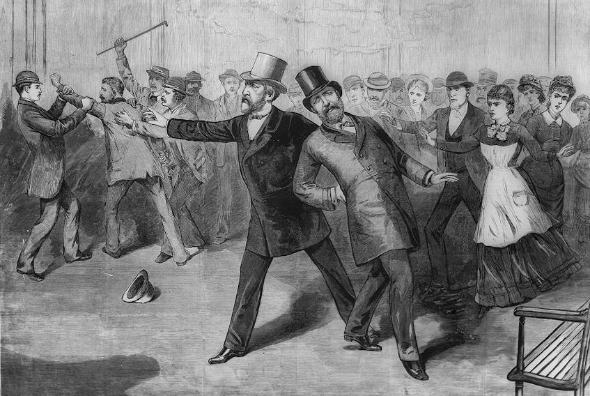U.S. President James Garfield with James G. Blaine after being shot by Charles J. Guiteau. - Illustration from A. Berghaus and C. Upham, published in Frank Leslie's Illustrated Newspaper, image from the Images of American Political History website