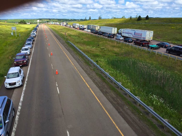 Traffic was heavy and motorists were reporting long waits to travel between provinces hours after the Atlantic bubble came into effect Friday, July 3, 2020. This is what it looked like late Friday morning near the boundary between Nova Scotia and New Brunswick.