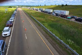 Traffic was heavy and motorists were reporting long waits to travel between provinces hours after the Atlantic bubble came into effect Friday, July 3, 2020. This is what it looked like late Friday morning near the boundary between Nova Scotia and New Brunswick.