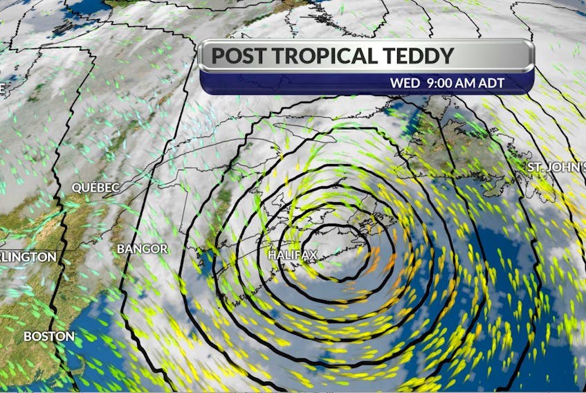 Post-tropical storm Teddy's location over Atlantic Canada on Wednesday at 9 a.m., Sept. 23, 2020.