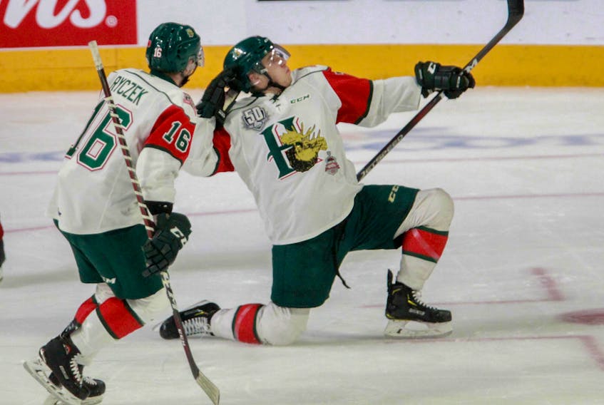 Halifax Mooseheads winger Maxim Trepanier celebrates his goal in Sunday's Memorial Cup game against the Guelph Storm at the Scotiabank Centre.