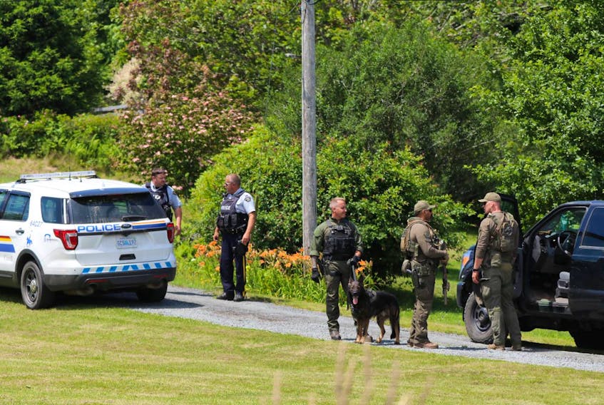 Police search for Tobias Charles Doucette in the Bridgewater area in July 2020. An RCMP dog was stabbed with a pointed stick during the six-day manhunt.