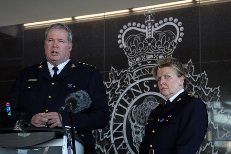 RCMP Chief Supt. Chris Leather speaks to media Sunday about a 12-hour shooting rampage by Gabriel Wortman that left at least 13 people dead. At Leather's side is Assistant Commissioner Lee Bergerman, the RCMP's commanding officer for Nova Scotia. - Eric Wynne