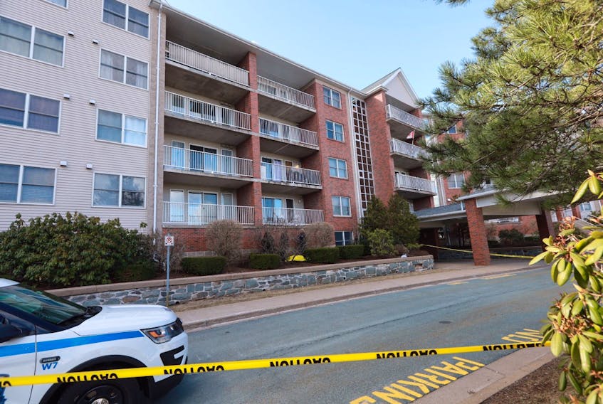 A man fell from an apartment balcony on Carrington Place in Halifax after an altercation with a woman on Tuesday morning, April 7, 2020. He died at the scene. The balcony is in the second row from the left, and on the second storey.