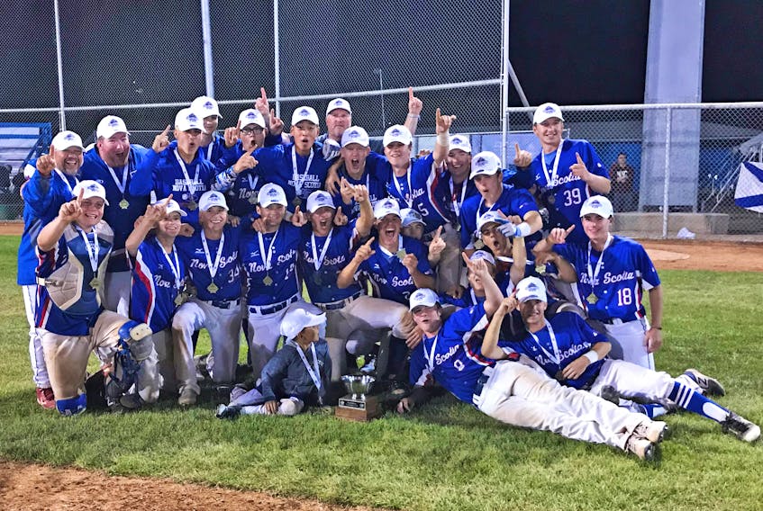 Team Nova Scotia poses for a victory portrait after making provincial baseball history Sunday night when it defeated Ontario 3-2 in the under-17 Baseball Canada Cup championship game in Regina, Sask.