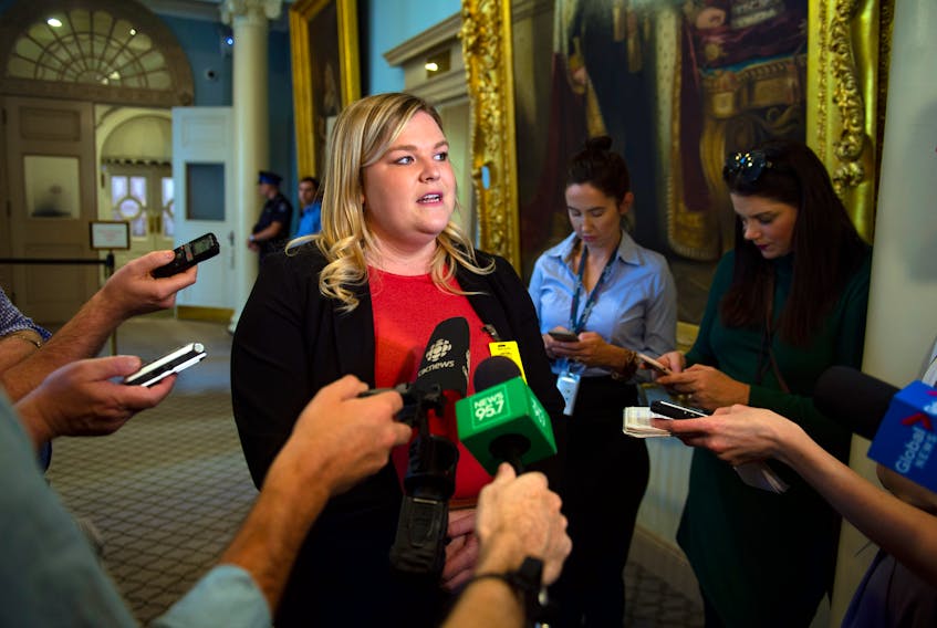 Shana Vidito, sexual assault nurse examiner co-ordinator for the Annapolis Valley, speaks with reporters at Province House in Halifax on Wednesday, Oct. 9, 2019.