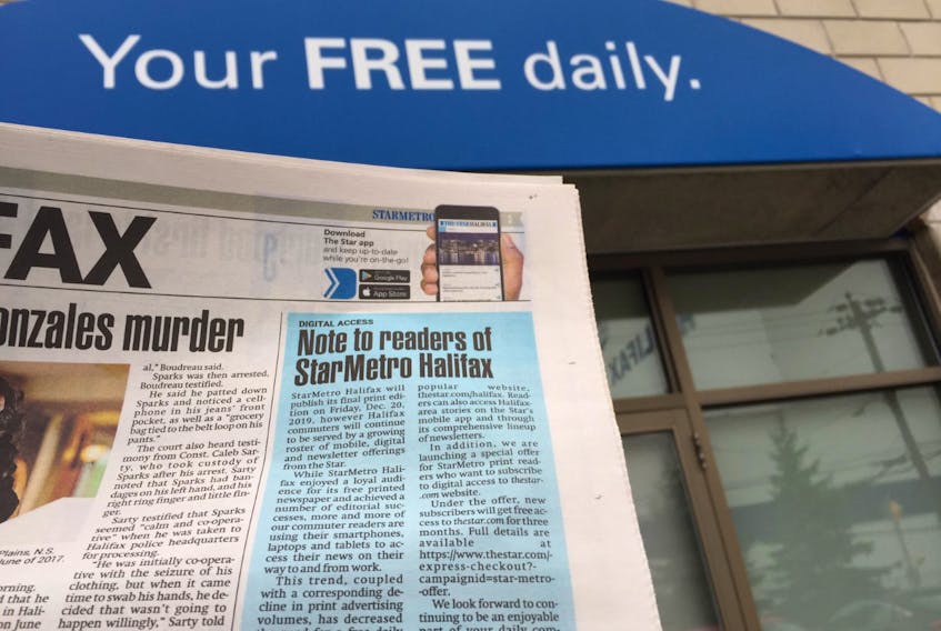 Torstar president John Boynton's note to readers appears in the Wednesday, Nov. 20, 2019 edition of StarMetro Halifax, photographed outside the Halifax bureau on Barrington Street.