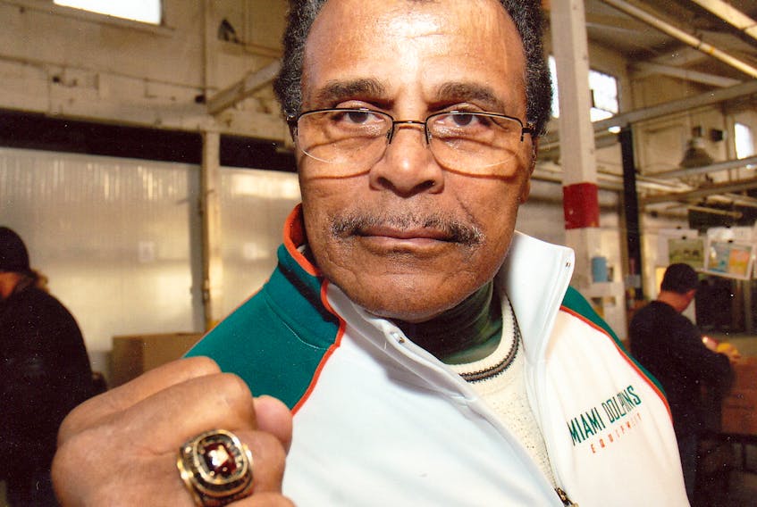 Rocky Johnson with his WWE Hall of Fame ring.