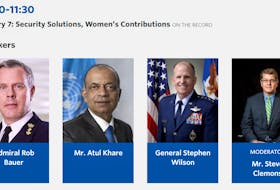 Screen grab from the Halifax Security Forum shows the all-male panel that will be discussing Security Solutions, Women's Contributions on Sunday, Nov. 24, 2019.