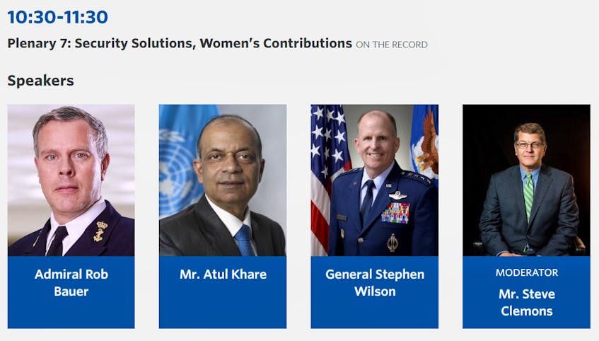 Screen grab from the Halifax Security Forum shows the all-male panel that will be discussing Security Solutions, Women's Contributions on Sunday, Nov. 24, 2019.